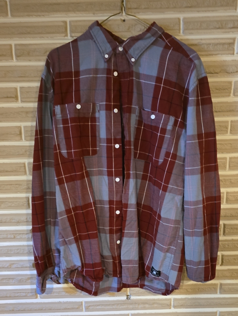 Men's Long Sleeve Plaid Button-Down Shirt in Burgundy and Light Blue